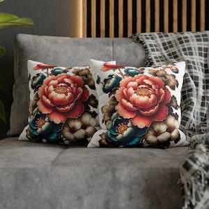 Funda de almohada floral con estampado japonés antiguo, cuadrada, de poliéster hilado, con diseño botánico japonés antiguo.