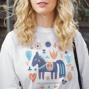 Swedes Dala Horse Swedish Folk Art Shirt, Scandinavian Gift, Scandinavian Tee, Botanical, Flower Lover Shirt, Flower Shirt Scandinavian
