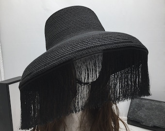 Fringed Domed Designer Hat, Retro Woolen Hat, Ceremony Hat, Black White Hat, Gift Idea Hat