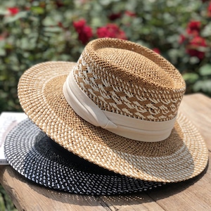 Handgeweven strohoed, elegante vrouwen, Panama Boat Beach Hat, Flat Top, Headwear, Casual, Cadeau voor vrouwen