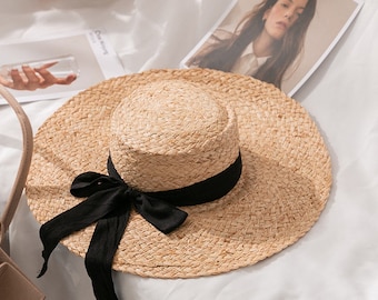 Sombrero de paja de rafia natural tejido a mano, sombrero de sol de playa con cinta, sombrero para mujer, sombrero de vacaciones de boda