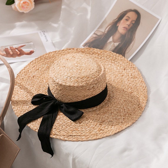 Handwoven Natural Raffia Straw Hat, Ribbon Beach Sun Hat 
