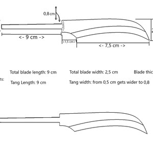 K&ouml;nnte beinhalten: Linienzeichnung einer Messerklinge mit Ma&szlig;en in Zentimetern. Die Klinge ist 9 cm lang, 2,5 cm breit und 1,2 mm dick. Der Erl ist 9 cm lang und verbreitert sich von 0,5 cm auf 0,8 cm.