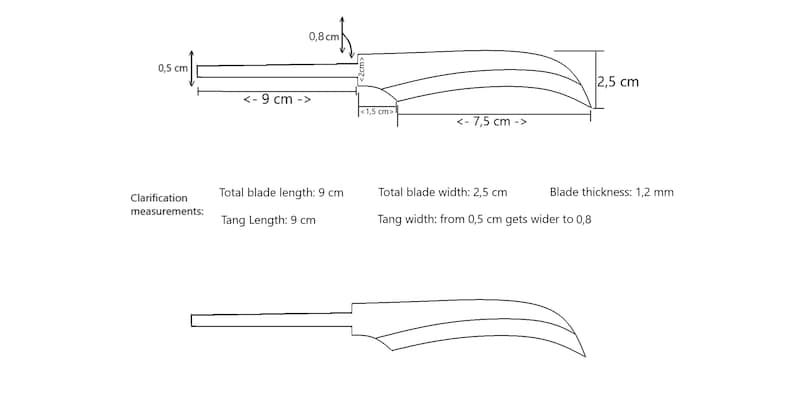 K&ouml;nnte beinhalten: Linienzeichnung einer Messerklinge mit Ma&szlig;en in Zentimetern. Die Klinge ist 9 cm lang, 2,5 cm breit und 1,2 mm dick. Der Erl ist 9 cm lang und verbreitert sich von 0,5 cm auf 0,8 cm.