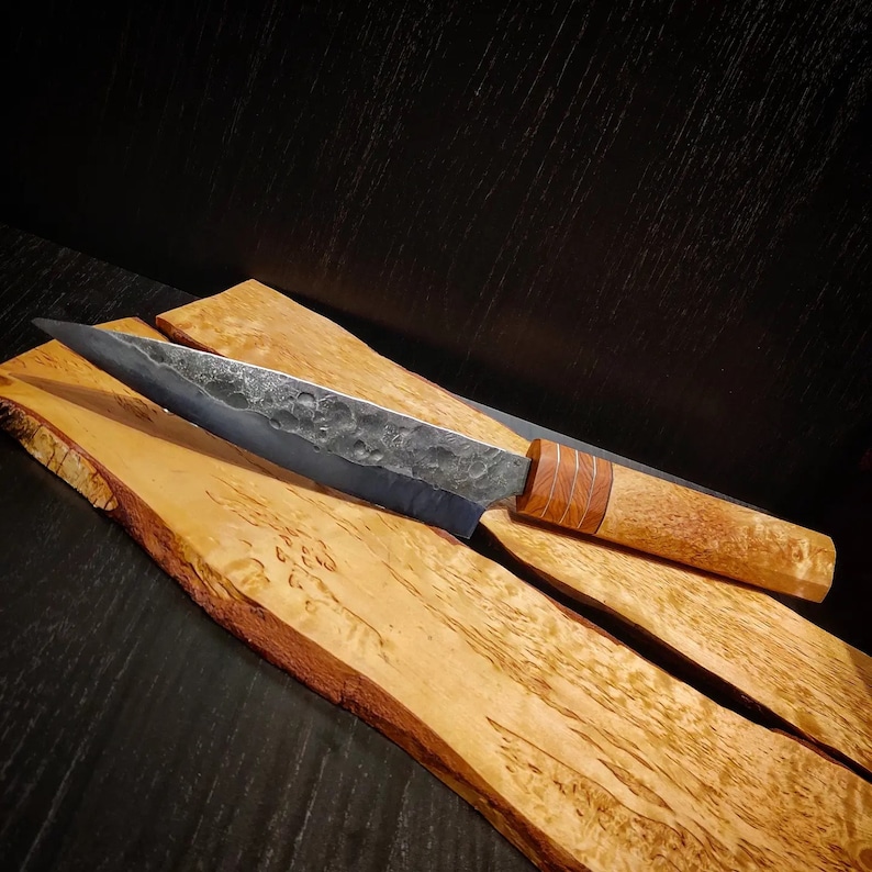 UNIQUE Handmade Santoku Chef Knife Flame Birch Burl Olive Burl Swedish