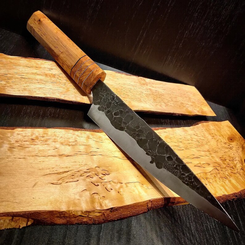 UNIQUE Handmade Santoku Chef Knife Flame Birch Burl Olive Burl Swedish