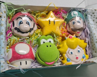 Super M & Italian Plumber and friends Gamer Bath Bombs. Character bath bomb gift sets perfect for Birthday, Christmas, Father's Day.