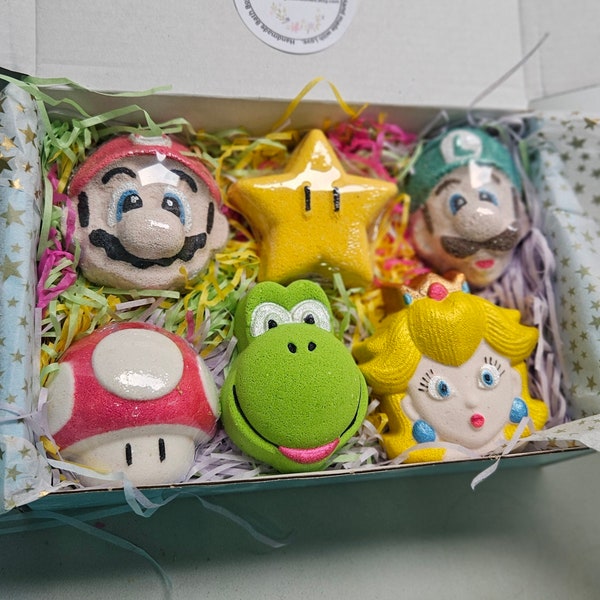 Super M & Italian Plumber and friends Gamer Bath Bombs. Character bath bomb gift sets perfect for Birthday, Christmas, Father's Day.