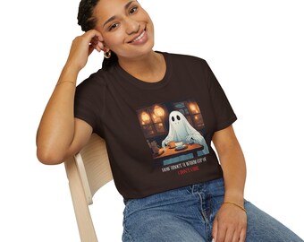 Ghost Drinking Coffee T-Shirt: Spooky Halloween Tee