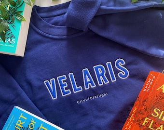 Velaris ACOTAR geïnspireerde stad van sterrenlicht sweatshirt, leesachtige trui, fandom trui, marineblauw en zilver, een hof van doornen en rozen merch