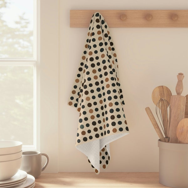 Mocha Dots Tea Towel - Clean and Uncluttered Retro Dot Kitchen Towel - Earthy and Green Dot Minimalist Mid-Century Modern Hand Towel