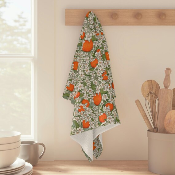 Orange Blossom Tea Towel Bright Citrus Floral Kitchen Decor Hand