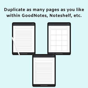 May include: Three digital tablets with black bezels and white screens. One tablet displays lined paper, another a grid, and the third a checklist. A white stylus rests on the first tablet. Text at the top reads: Duplicate as many pages as you like within GoodNotes, Noteshelf, etc.