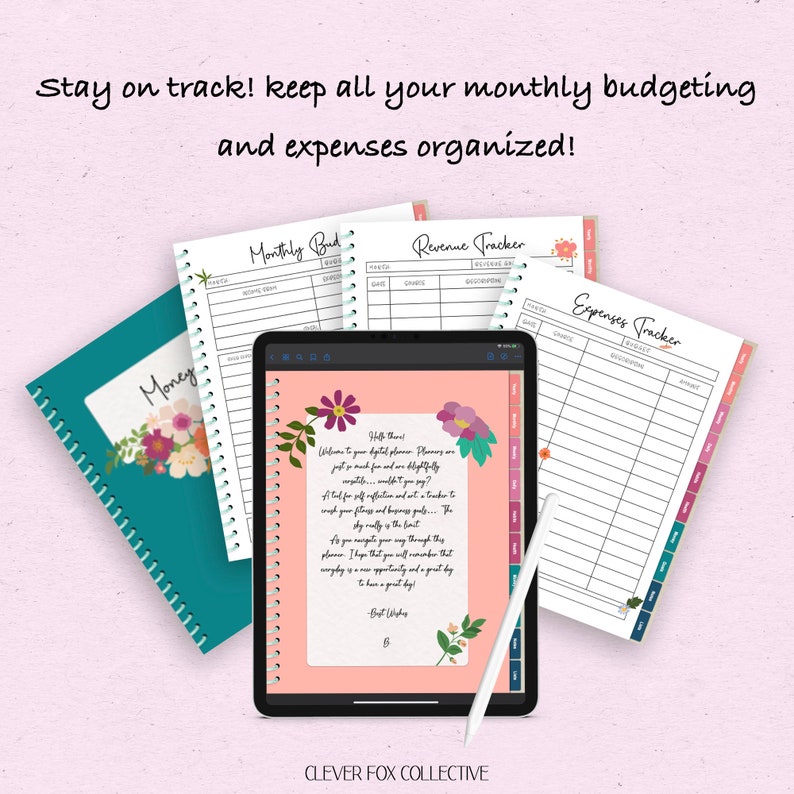 May include: A digital planner setup featuring a tablet, notebooks, and a stylus. The tablet shows a welcome message. The notebooks display "Monthly Bud," "Revenue Tracker," and "Expenses Tracker" pages. Text reads "Stay on track! keep all your monthly budgeting and expenses organized!"