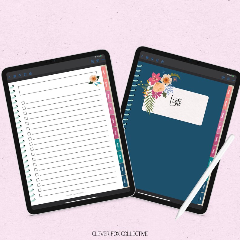 May include: Two digital planners on tablets. One shows a lined list with checkboxes and floral accents. The other displays a blue cover with the word "Lists" and floral designs. A white stylus rests on the screen.
