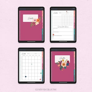 May include: Four digital planner pages displayed on tablets. The pages include a cover with the word "Habits" and floral accents, a habit tracker, a health tracker, and a cover with the word "Health" and floral accents. The tablets have a pink background.