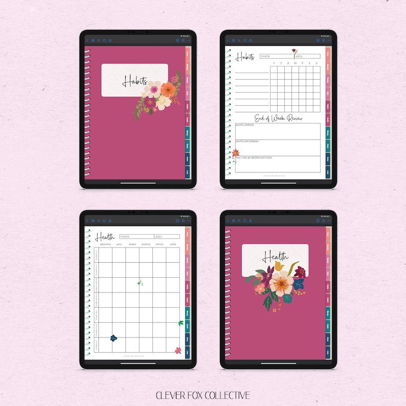 May include: Four digital planner pages displayed on tablets. The pages include a cover with the word "Habits" and floral accents, a habit tracker, a health tracker, and a cover with the word "Health" and floral accents. The tablets have a pink background.