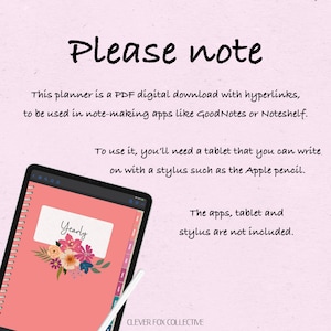 May include: A digital planner displayed on a tablet, featuring a floral design and the text "Please note". The description highlights the planner's PDF format for note-taking apps, with a stylus shown. The brand name is Clever Fox Collective.
