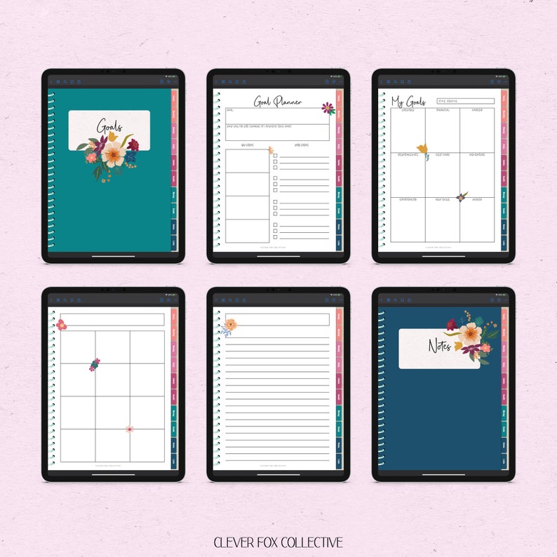 May include: A set of digital planners on tablets, each with a different layout. The covers display the words "Goals" and "Notes" with floral decorations. The interior pages include goal planners, weekly schedules, and lined pages. The Clever Fox Collective logo is at the bottom.