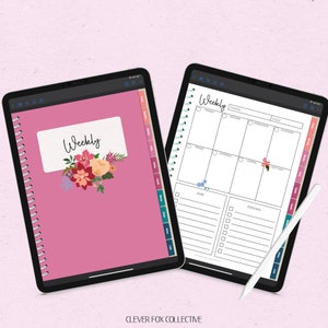 May include: Two digital tablets displaying a weekly planner. One tablet shows a pink cover with the word "Weekly" and floral accents. The other tablet displays a weekly schedule layout with sections for each day, notes, and a to-do list.