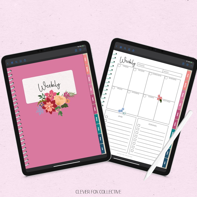 May include: Two digital tablets displaying a weekly planner. One tablet shows a pink cover with the word "Weekly" and floral accents. The other tablet displays a weekly schedule layout with sections for each day, notes, and a to-do list.