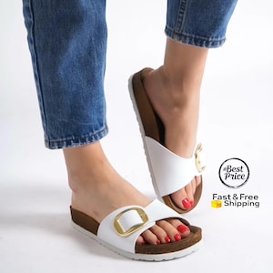 Women’s One Strap Sandals - Big Buckle Vegan Slides, Madrid Flat Summer Sandals, Comfortable Handmade Casual Beach Shoes