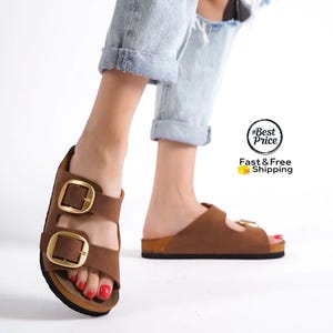 Handmade Big Buckle Vegan Slides - Double Buckle Summer Sandals, Flat Boho Shoes for Women, Comfortable Beach Slippers, Cinnamon Suede