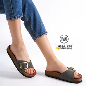 Women’s One Strap Sandals - Big Buckle Vegan Slides, Madrid Flat Summer Sandals, Comfortable Handmade Casual Beach Shoes, Khaki Suede