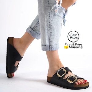 Handmade Big Buckle Vegan Slides - Double Buckle Summer Sandals, Flat Boho Shoes for Women, Comfortable Beach Slippers, Black Suede