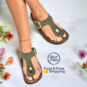 Handmade Big Buckle Vegan Slides - Summer Cork Sole Sandals, Comfortable Flat Beach Shoes for Women, Khaki Suede