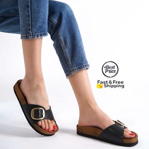 Women’s One Strap Sandals - Big Buckle Vegan Slides, Madrid Flat Summer Sandals, Comfortable Handmade Casual Beach Shoes
