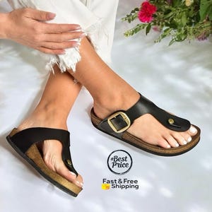 Handmade Big Buckle Vegan Slides - Summer Cork Sole Sandals, Comfortable Flat Beach Shoes for Women