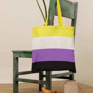 Könnte beinhalten: Eine gelbe, weiße, violette und schwarze Tragetasche mit einem Flaggenmuster hängt an einem grünen Holzstuhl. Die Tasche sitzt auf einem Holzstuhl mit weißem Hintergrund. Es gibt Birnen in einer braunen Schüssel und einen Keramik Krug auf einem gewebten Teppich.