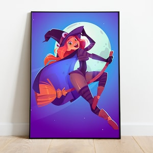 Cute Witch Sorceress Enchantress Magical Girl on Broomstick Print Poster Room Decor Wall Hanging Many sizes A2 A3 A4 A5