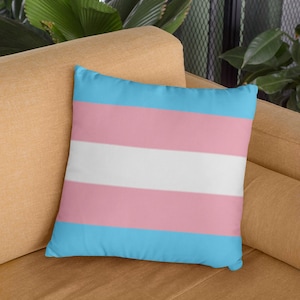 Könnte beinhalten: Ein blaues, rosa und weiß gestreiftes Kissen. Das Kissen liegt auf einem braunen Sofa.