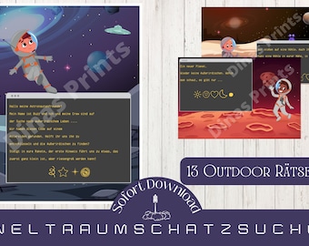 May include: A printable set of 13 outdoor riddles for a space-themed scavenger hunt. The image shows a cartoon astronaut with a computer screen that says "Hallo meine Astronautfreunde!" and "Mein Name ist Buzz und ich und eine Crew sind auf der Suche nach außerirdischem Leben..."