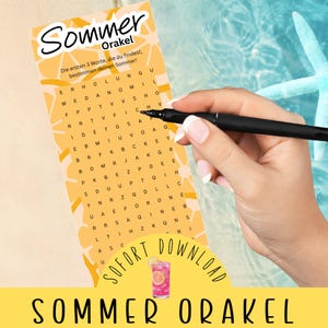 Könnte beinhalten: Ein Wortsuchrätsel mit dem Text "Sommer Orakel" in einem gelb-weißen Design. Das Rätsel wird mit einem schwarzen Stift markiert. Der Hintergrund enthält einen Cocktail und die Worte "SOFORT DOWNLOAD".