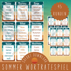 Juego de verano en diseño retro / adivinar palabras / tarjetas de adivinanzas de verano para imprimir / actividad infantil paseo en coche / juego de vacaciones / vacaciones de verano