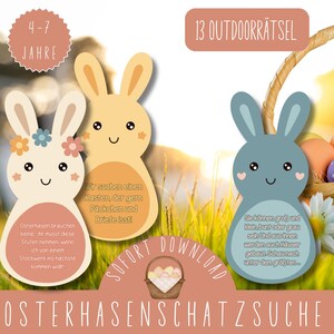 Könnte beinhalten: Ein Set mit 13 druckbaren Osterhasen-Schnitzeljagd-Karten mit Illustrationen von Hasen und Text auf Deutsch. Die Karten sind für Kinder im Alter von 4-7 Jahren konzipiert. Der Text auf den Karten lautet "13 Outdoor Rätsel" und "Osterhasenschatsuche".