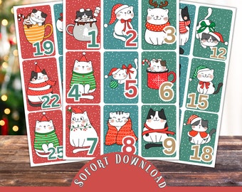 Numeri del calendario dell'Avvento stampabile gatto / numeri Calendario dell'Avvento / Natale 2023 / Idea calendario dell'Avvento / idea regalo per gli amanti dei gatti