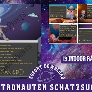 Puede incluir: Una ilustración colorida de un astronauta con un globo de diálogo que dice "Hallo meine Astronautenfreunde!" El astronauta flota en el espacio con un planeta, un OVNI y estrellas en el fondo. El texto "13 INDOOR RÄTSEL" está en la parte inferior de la imagen.