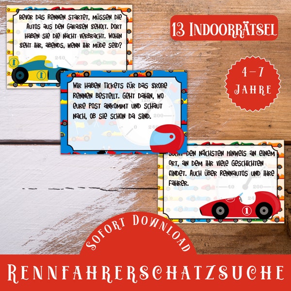 Ausdruckbare Rennfahrer Schatzsuche / fertige Autorennen Schnitzeljagd / Indoor Schatzsuche Autos / Schatzsuche PDF