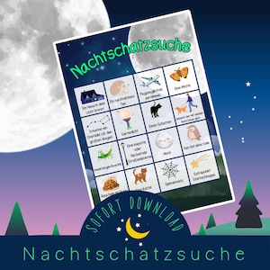 May include: A printable night scavenger hunt game with illustrations and German text. The game features images of a house, hedgehog, airplane, moth, constellation, cat, and more. The title "Nachtschatzsuche" is displayed at the top.