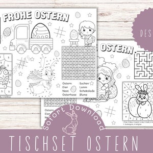 May include: Black and white printable Easter-themed activity sheets featuring a bunny, a truck, a girl, and a maze. The sheets include a word search, connect the dots, colour by number, and a maze. The text on the sheet says "Frohe Ostern" and "Tischset Ostern".