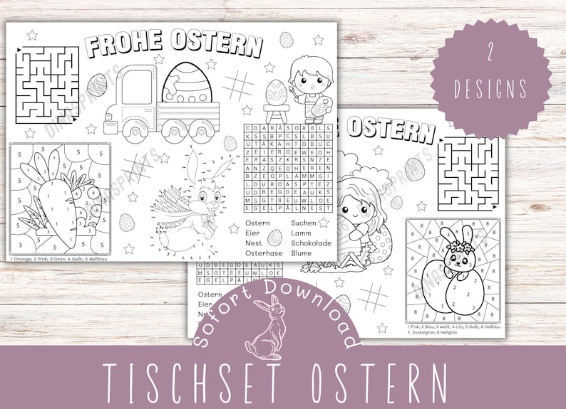 May include: Black and white printable Easter-themed activity sheets with a bunny, a truck, a girl, and a maze. The sheets include a word search, connect the dots, color by number, and a maze. The text on the sheet says "Frohe Ostern" and "Tischset Ostern".