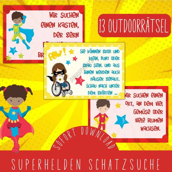Outdoor Superhelden Schatzsuche / Superhelden Schnitzeljagd im Garten / fertige Schatzsuche für den Kindergeburtstag / Gartenparty mit Kids