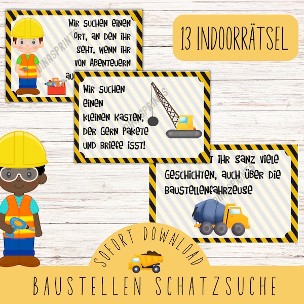 Baustellen Schatzsuche zum Ausdrucken / Bauarbeiter Schnitzeljagd für den Kindergeburtstag / Kinderbeschäftigung Geburtstagsfeier / PDF