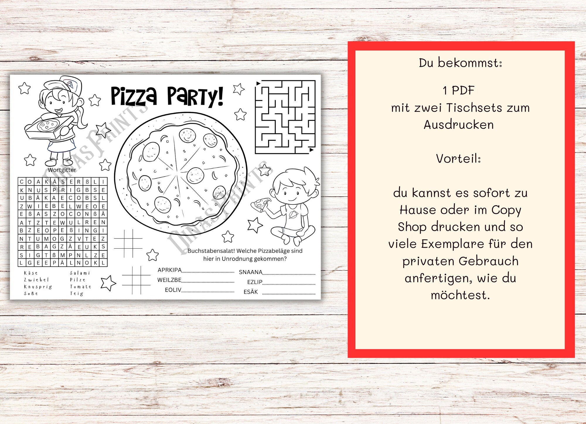 Pizza Party Printable Placemat/children's Family Celebration/children's ...