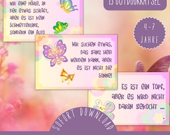 May include: A set of 13 outdoor scavenger hunt riddles for children ages 4-7. The riddles are printed on pink cards with colorful butterfly illustrations. The cards are part of a larger set called "Outdoor Schmetterlingschatzsuche".