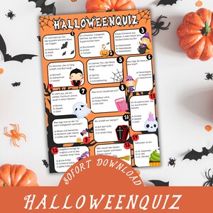 Könnte beinhalten: Ein farbenfrohes Halloween-Quiz mit 14 Fragen und Antworten. Das Quiz ist auf weißem Hintergrund mit orangefarbenen und schwarzen Rändern gedruckt. Die Fragen drehen sich um Halloween-Traditionen, Kreaturen und Gegenstände. Die Antworten sind Multiple-Choice.